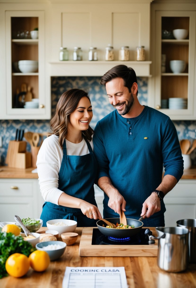 A couple in a cozy kitchen, smiling as they cook together. Ingredients and utensils laid out on the counter. A sign-up sheet for a cooking class on the table