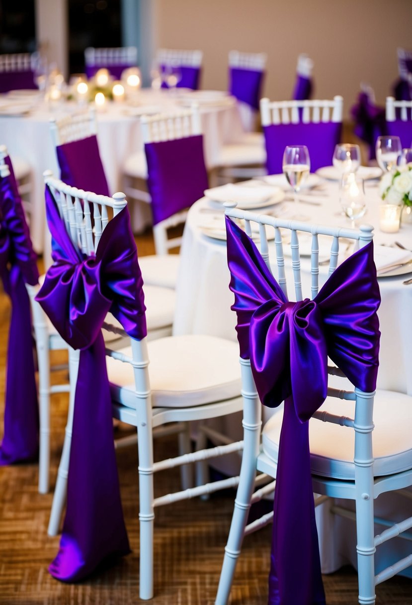 Purple satin chair sashes draped elegantly over white chairs at a wedding reception