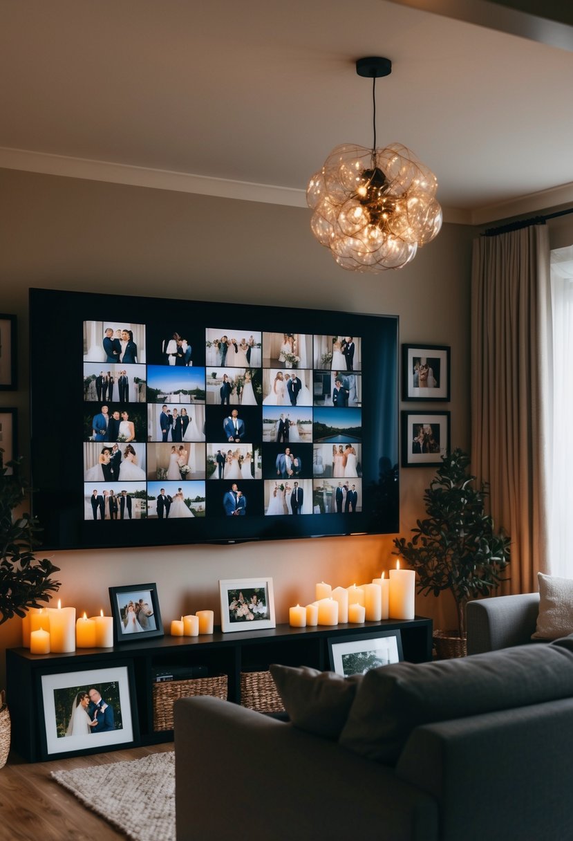 A cozy living room with a large screen showing a montage of wedding videos, surrounded by framed photos and flickering candles