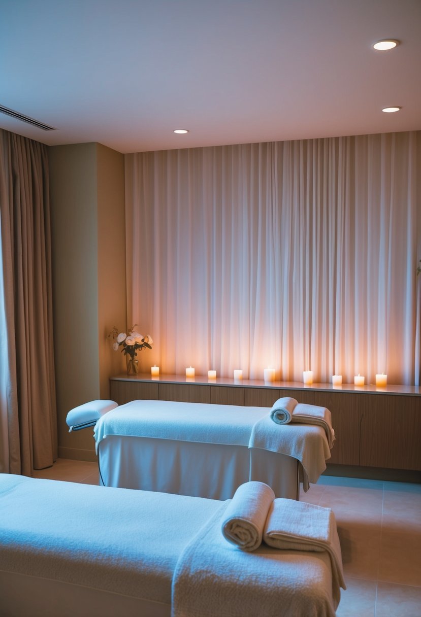 A serene spa room with two massage tables, soft candlelight, and soothing music