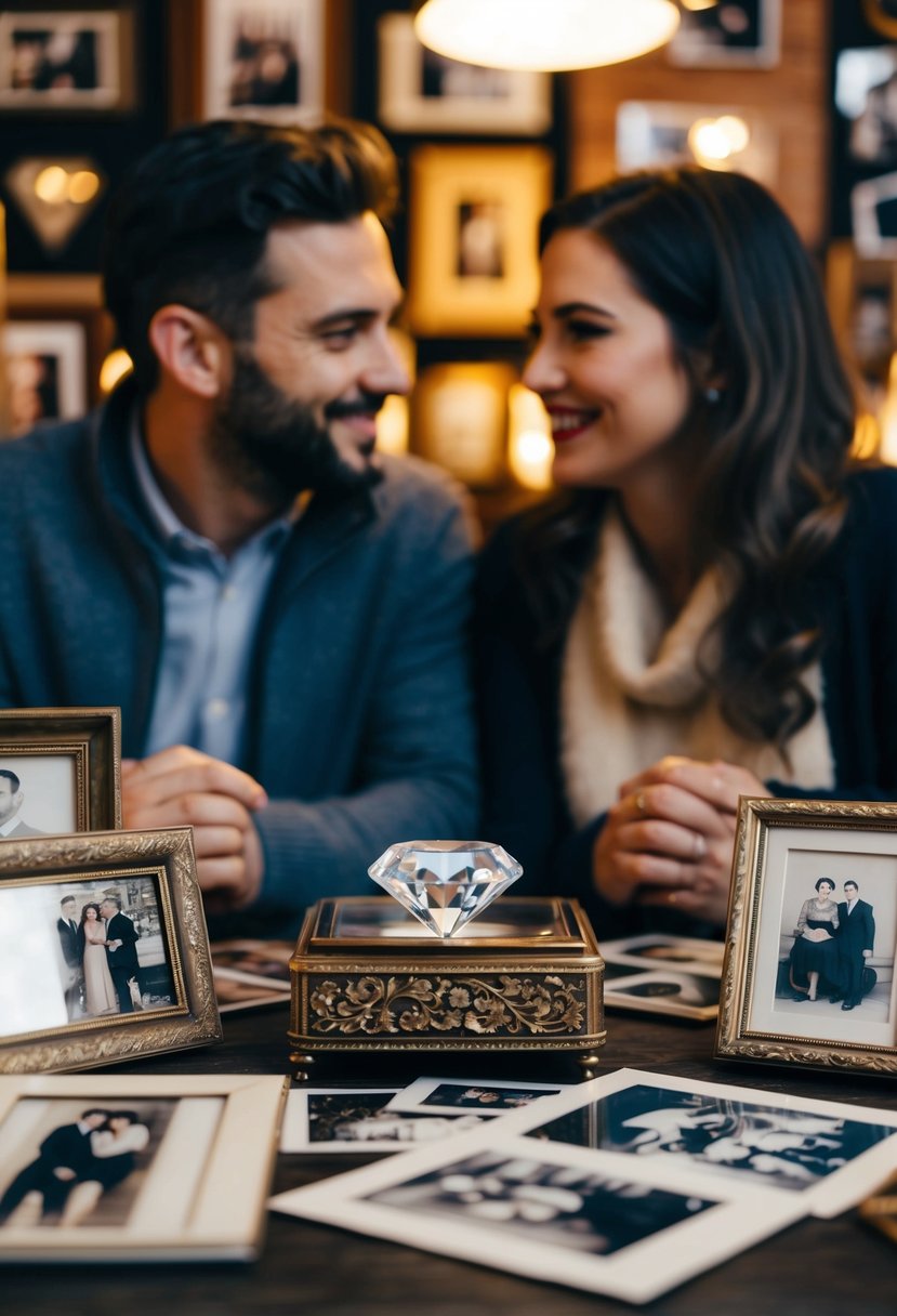 A couple sits at a cozy table, surrounded by vintage photos and memorabilia. A diamond-shaped stone sparkles in the center of a decorative display