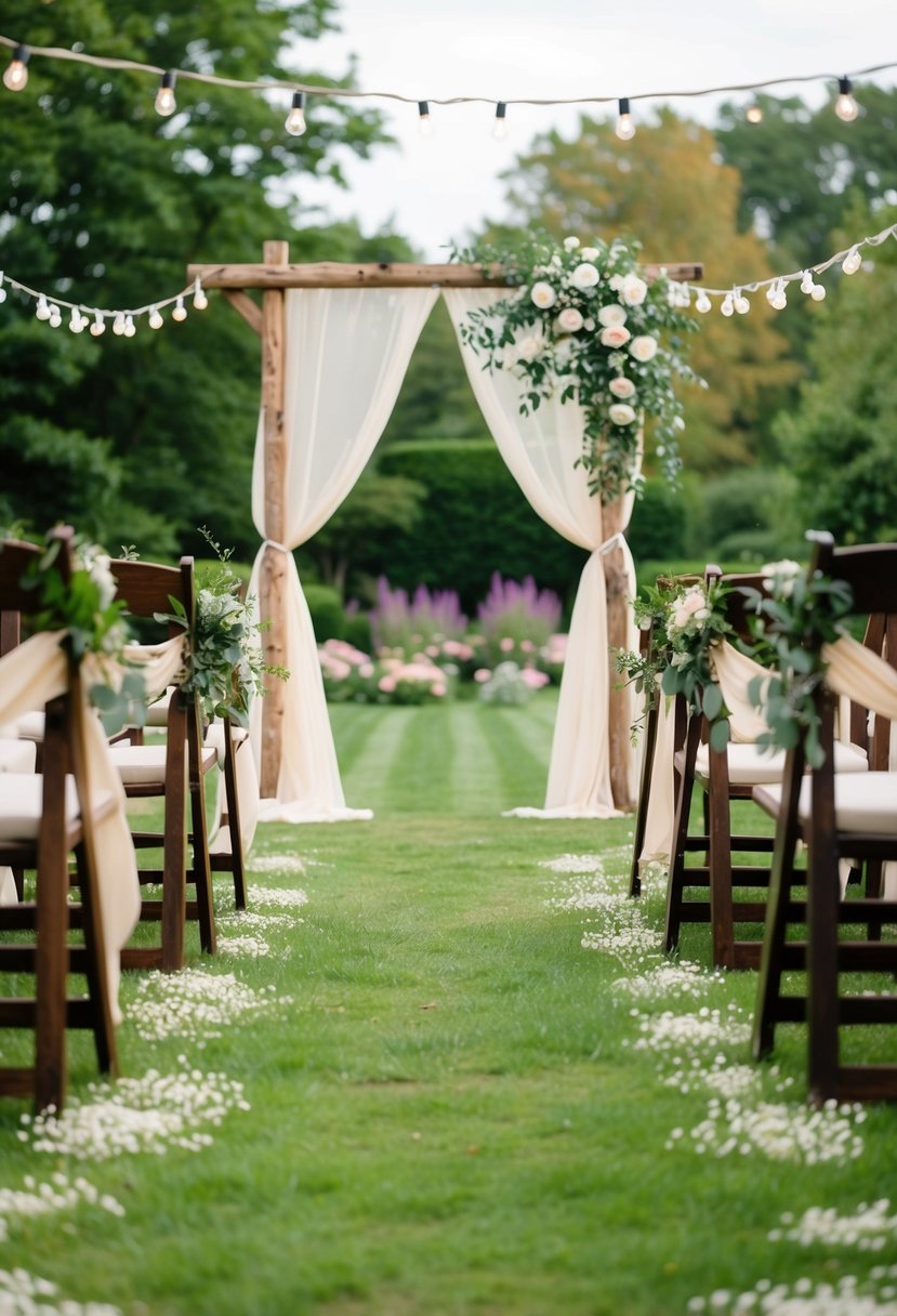 A serene garden with a flower-lined aisle leading to a rustic wooden archway adorned with flowing fabric and delicate string lights