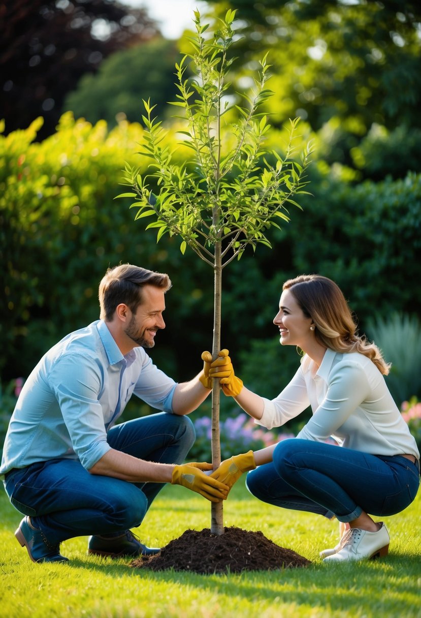 A couple planting a tree together in a lush garden