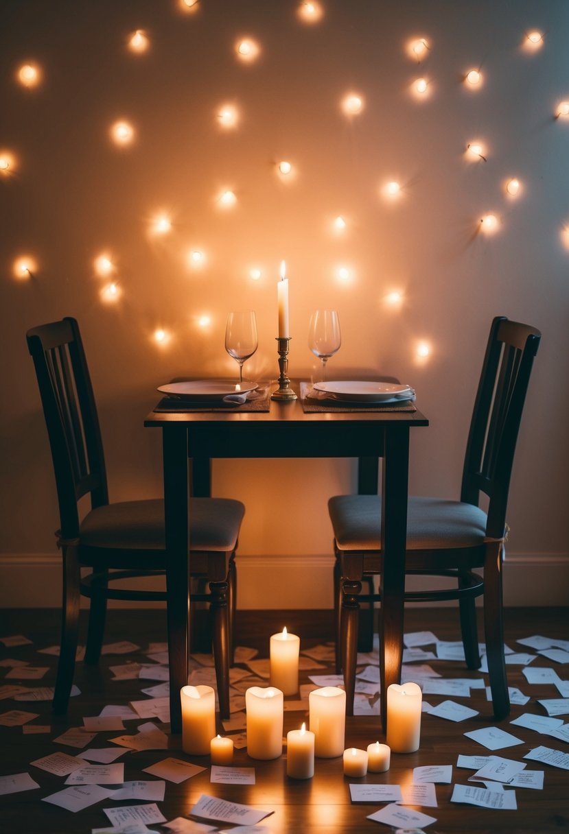 A cozy, candlelit table with two chairs facing each other, surrounded by love letters scattered on the floor