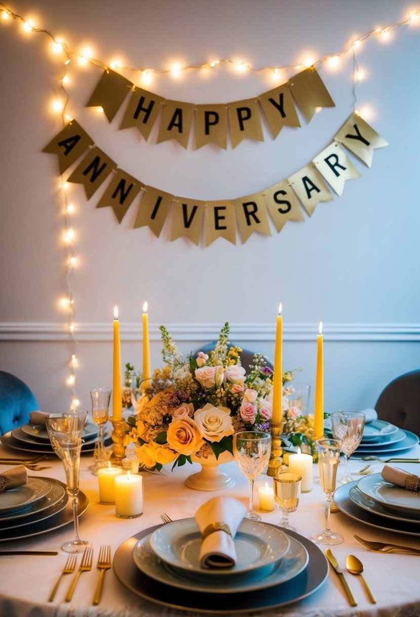 A dining table adorned with candles, flowers, and elegant dinnerware. A banner reading "Happy Anniversary" hangs on the wall, surrounded by twinkling fairy lights