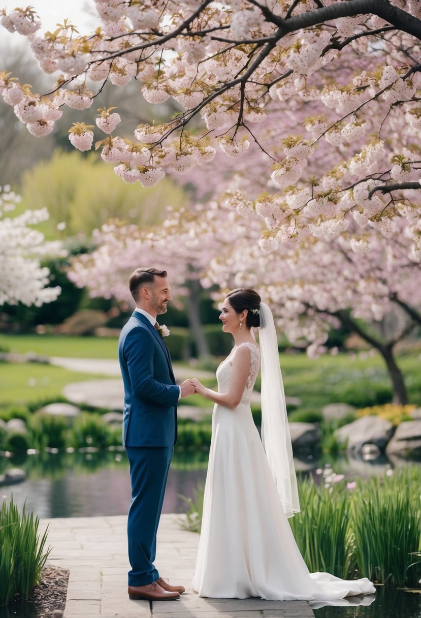 A couple exchanges vows in a secluded garden surrounded by blooming cherry blossoms and a tranquil pond