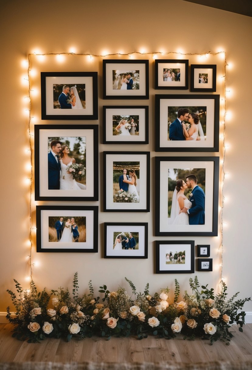 A photo wall with framed pictures of wedding moments, surrounded by fairy lights and flowers, creating a romantic and nostalgic atmosphere