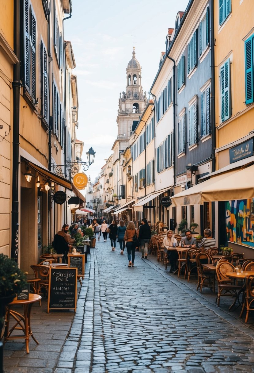 A charming cobblestone street lined with quaint shops and cafes, bustling with locals and tourists, set against a backdrop of historic architecture and colorful street art