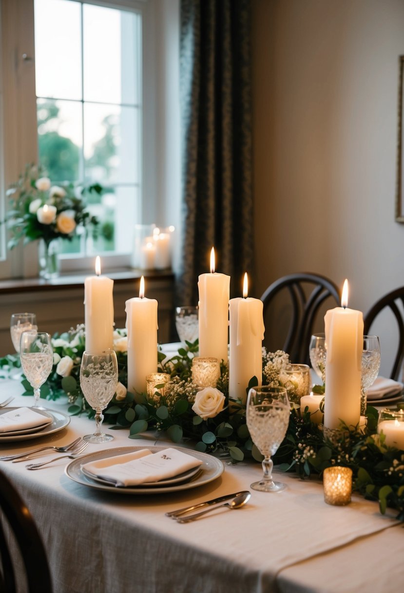 A candlelit dinner with a romantic tablecloth, adorned with wedding anniversary decorations, set up at home