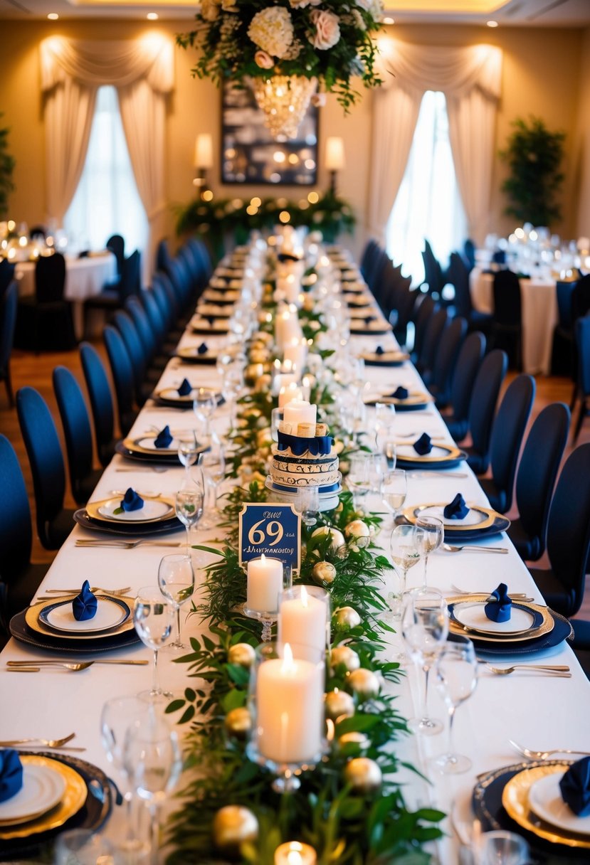 A long dining table adorned with elegant 69th anniversary decorations, surrounded by themed centerpieces and place settings, with a warm and inviting ambiance