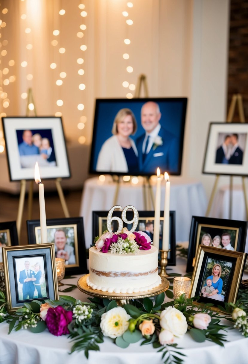 A table adorned with framed photos, flowers, and candles. A cake with "69" topper. Family portraits in the background