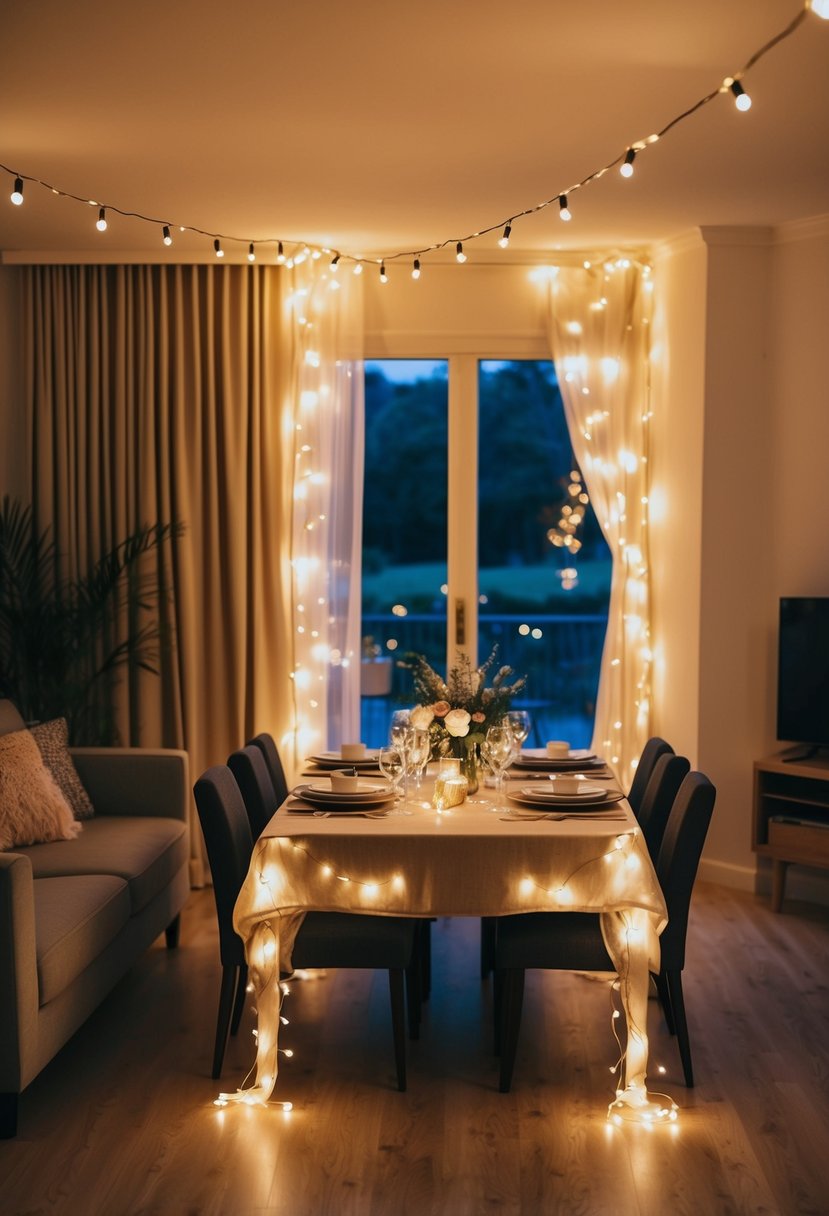 Fairy lights draped around a cozy living room, illuminating a romantic dinner setup for a wedding anniversary celebration at home