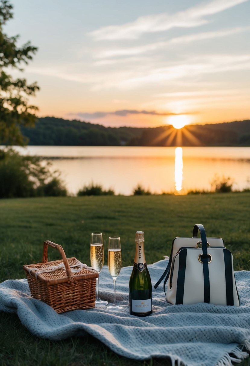 A cozy outdoor picnic with a blanket, champagne, and a view of the sunset over a serene lake