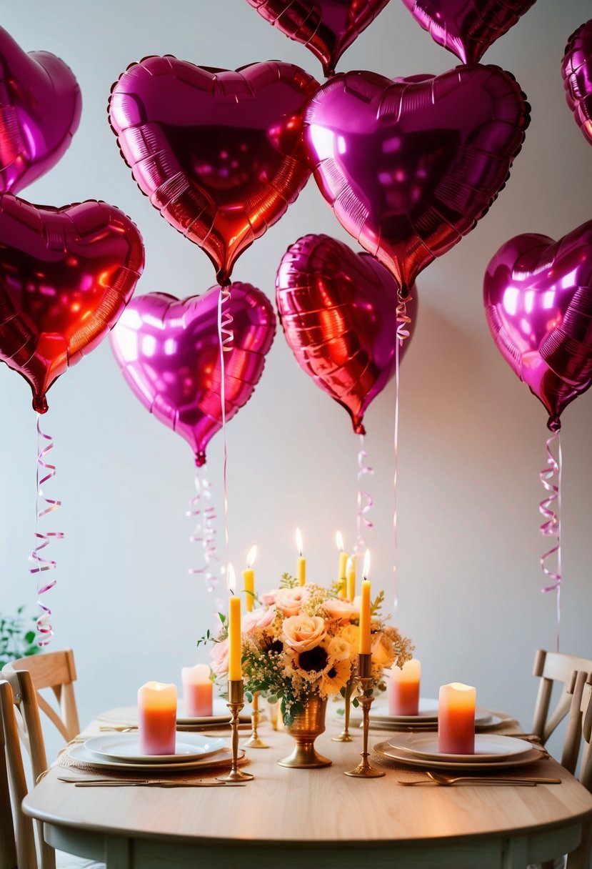 Heart-shaped balloons float above a table set with candles and flowers, creating a festive atmosphere for a wedding anniversary celebration at home