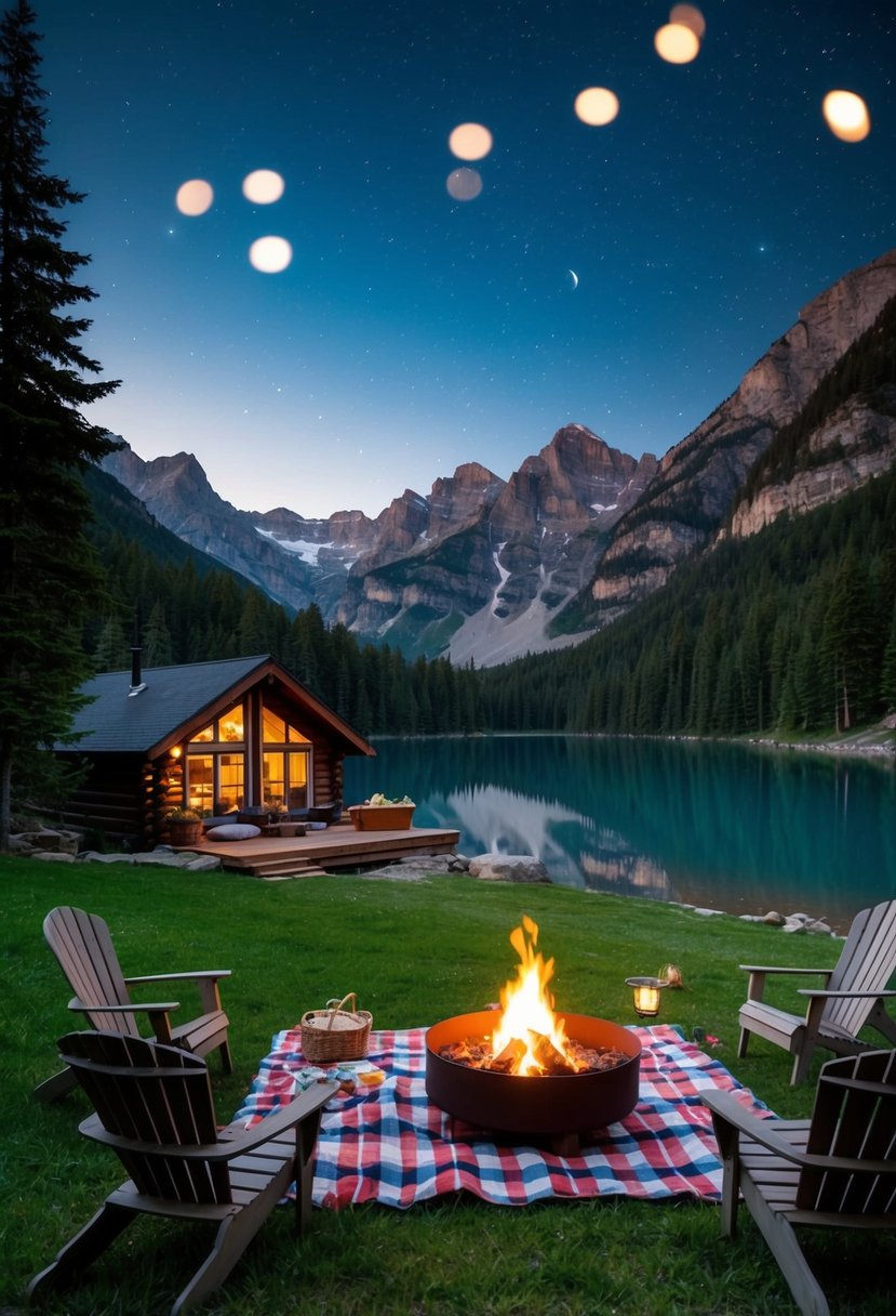 A cozy cabin nestled in the mountains, surrounded by lush greenery and a tranquil lake, with a crackling fire pit and a picnic spread under the stars