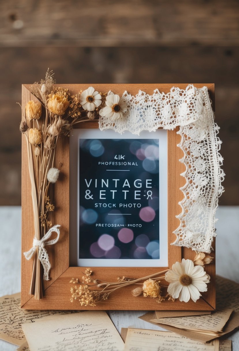 A wooden photo frame adorned with dried flowers, lace, and vintage love letters