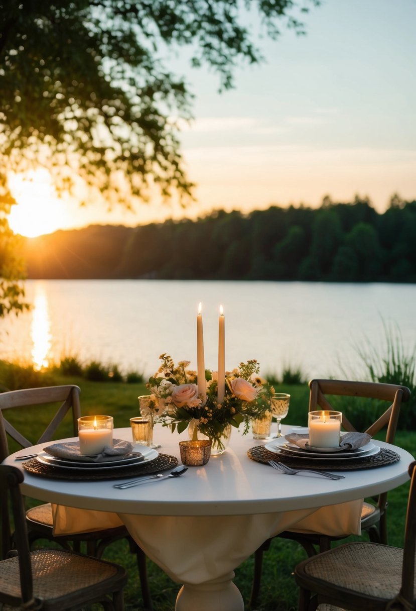 A cozy table for two set with candles and flowers, overlooking a serene lake at sunset