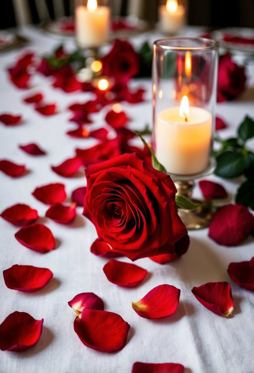 Red silk rose petals scattered on a white linen tablecloth with candlelight