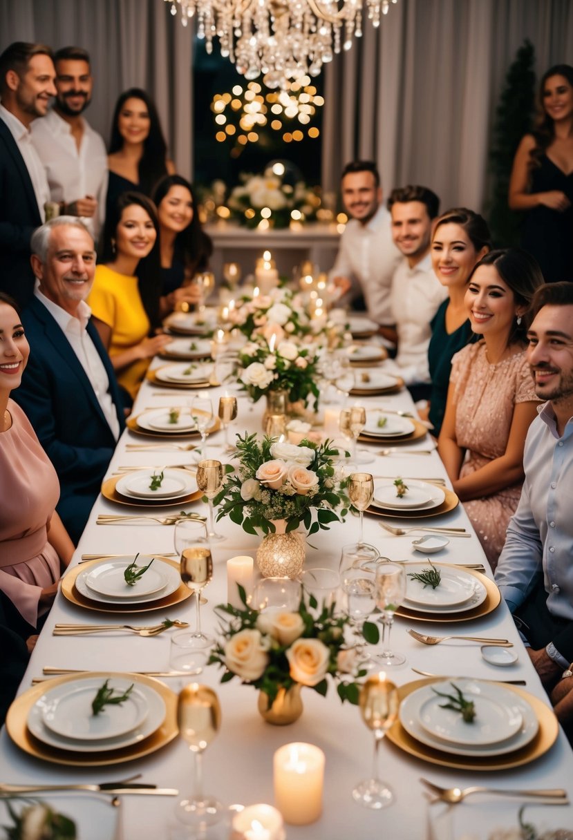 A beautifully set table with elegant dinnerware, romantic lighting, and a subtle 6th anniversary theme, surrounded by happy guests enjoying the themed dinner party