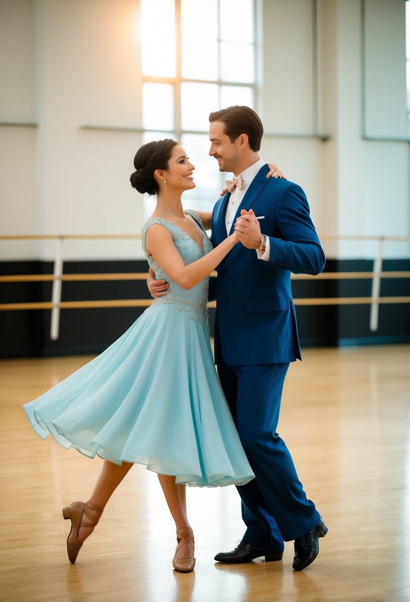 A couple gracefully waltzing in a spacious, sunlit dance studio