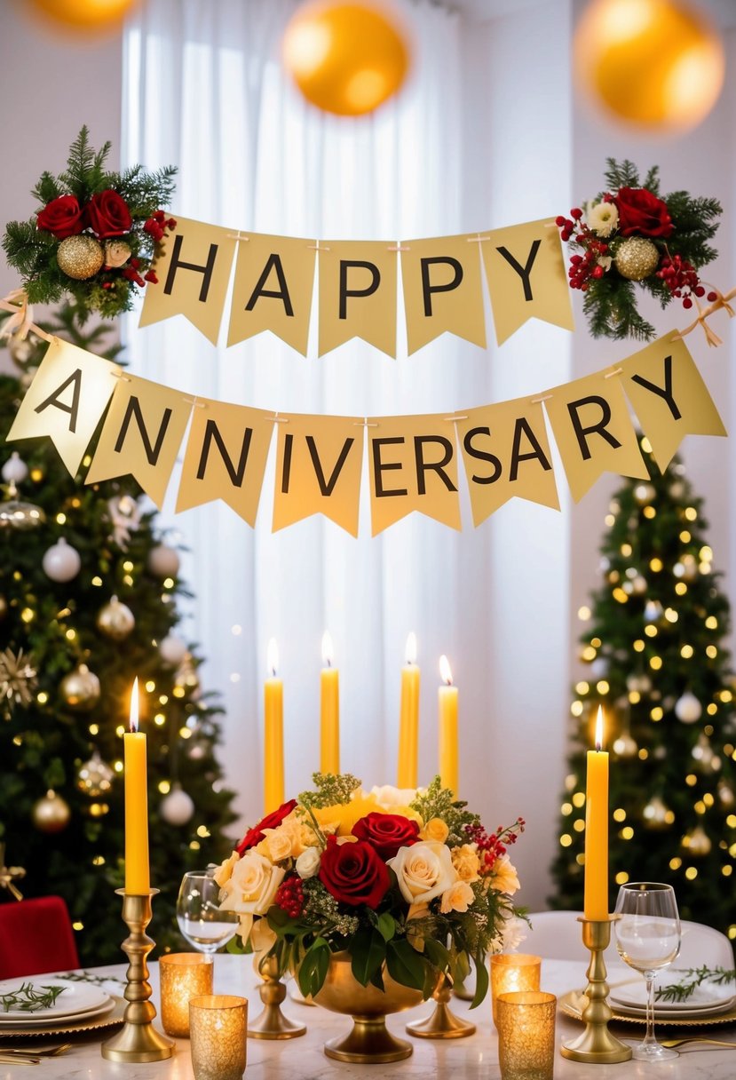 A 'Happy Anniversary' banner hangs above a table adorned with flowers and candles, surrounded by festive decorations