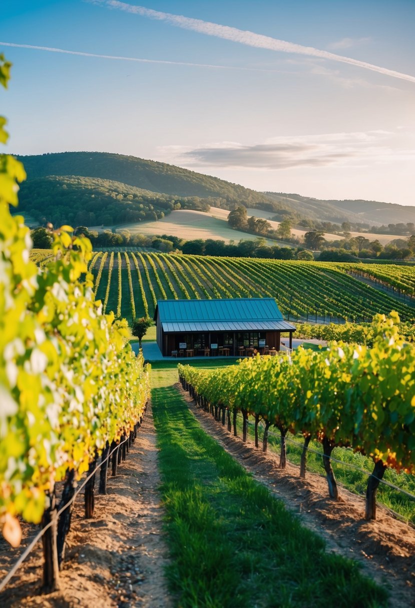 A vineyard with rows of grapevines, a rustic tasting room, and a picturesque view of rolling hills