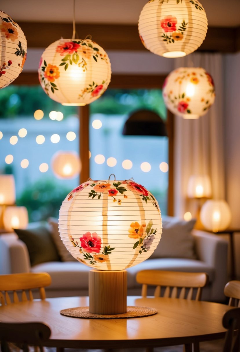 A cozy home setting with floral paper lanterns casting a delicate glow for a wedding anniversary celebration