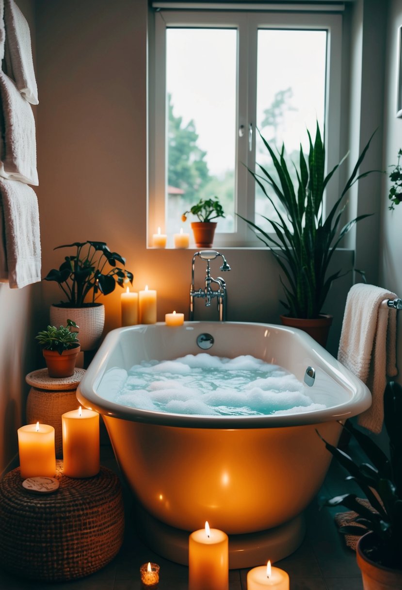 A cozy bathroom with lit candles, fluffy towels, and a bubbling bath surrounded by potted plants and soothing music