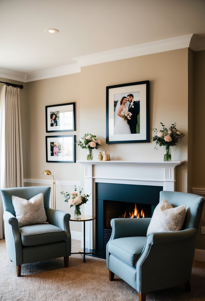 A cozy living room with two armchairs by a fireplace, a small table with a vase of flowers, and a framed wedding photo on the wall