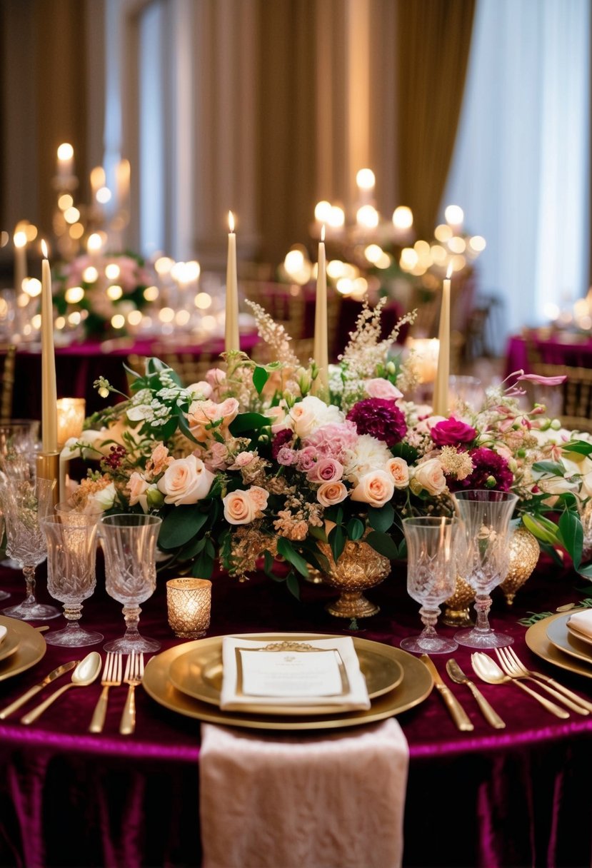 A lavish table set with velvet and silk linens, adorned with opulent floral arrangements and shimmering candlelight