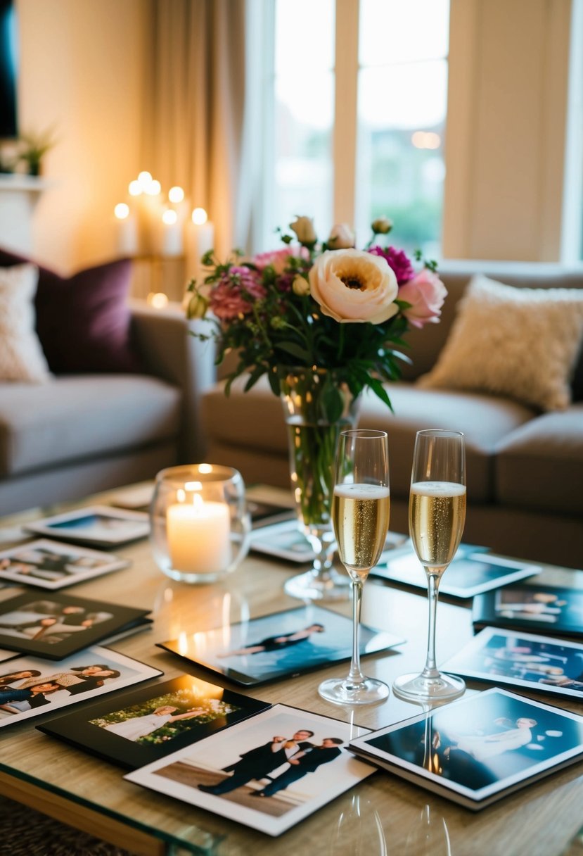 A cozy living room with a table covered in photos, a pair of champagne glasses, and a vase of flowers. The soft glow of candlelight adds a romantic touch