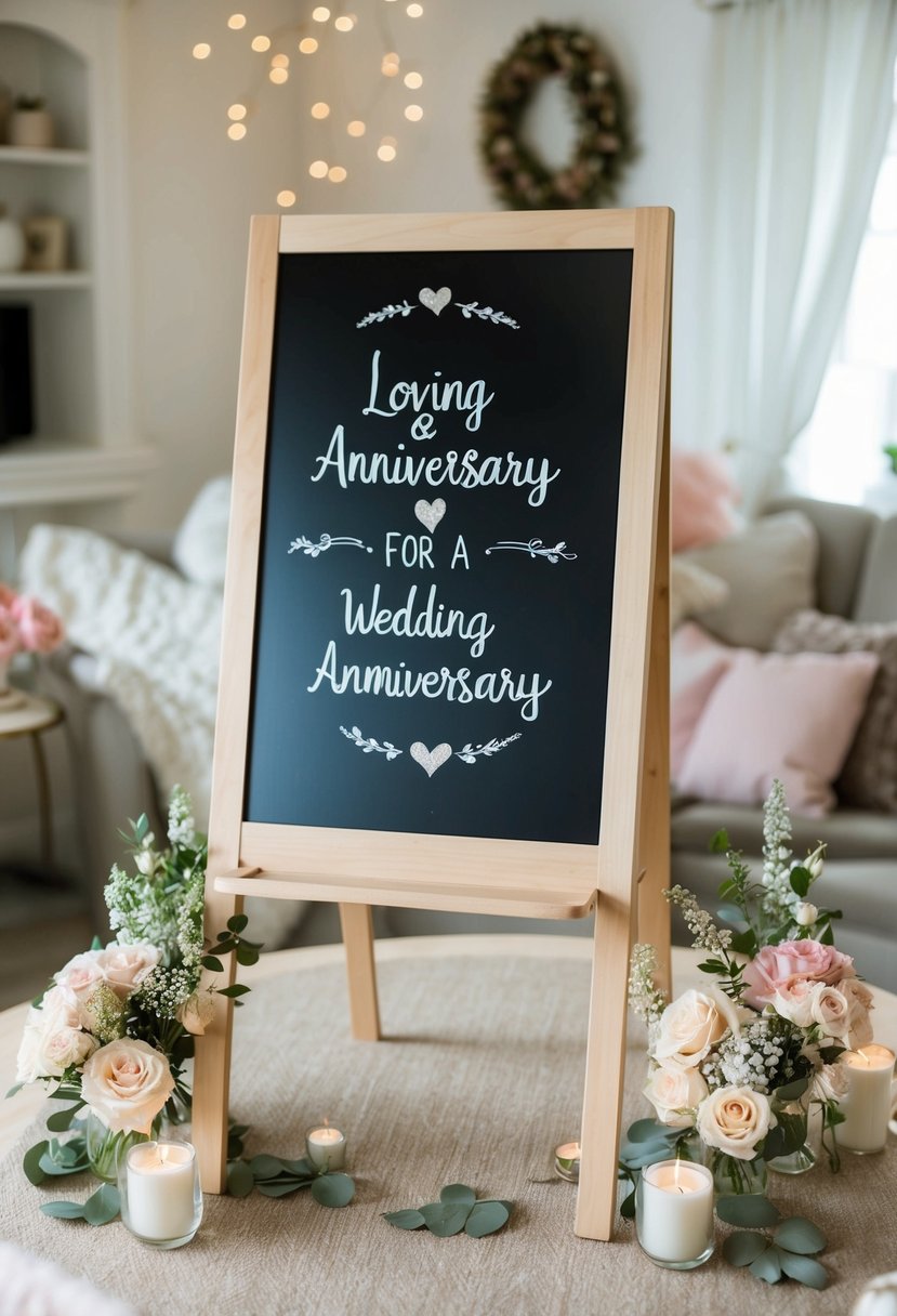 A chalkboard easel displaying a loving message for a wedding anniversary, surrounded by romantic decorations in a cozy home setting