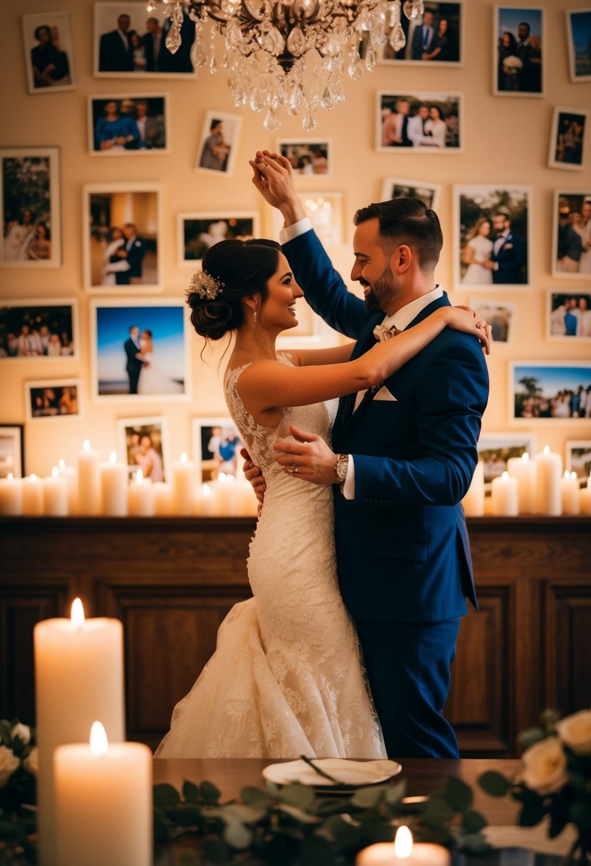 A couple dancing in a candlelit room surrounded by photos and mementos from their wedding day