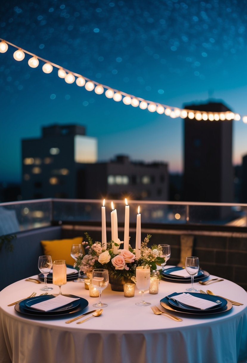 A beautifully set table with candles and flowers on a rooftop under a starry night sky