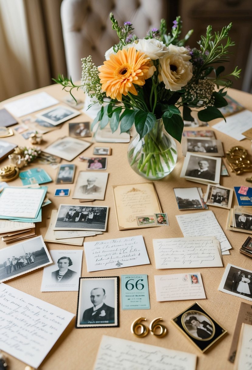 A table adorned with a collection of old photographs, vintage postcards, and handwritten letters. A vase of fresh flowers sits in the center, surrounded by mementos from 66 years of marriage