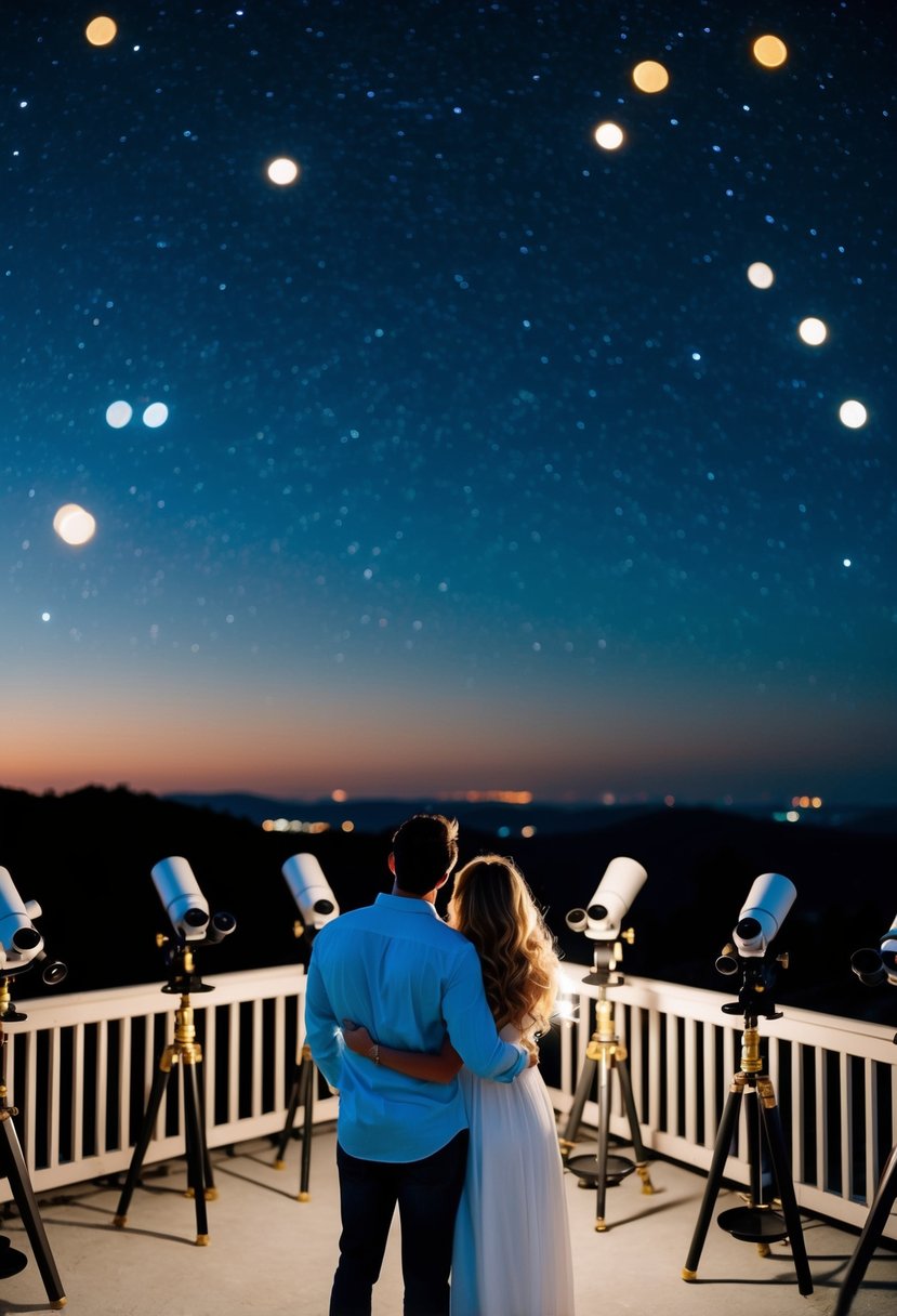 A couple gazes up at the night sky from the observatory's outdoor deck, surrounded by telescopes and twinkling stars