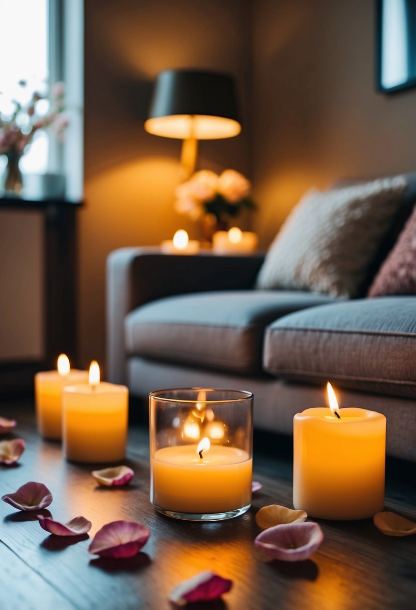 A cozy living room with warm, soft lighting, scattered rose petals, and flickering candles