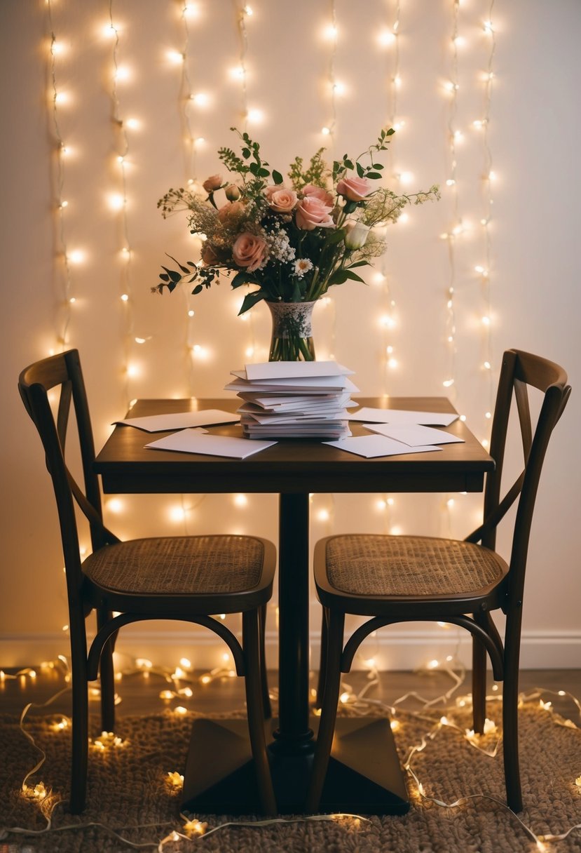 A cozy table with two chairs, surrounded by twinkling fairy lights and a vase of fresh flowers. A stack of love letters sits in the center, waiting to be exchanged