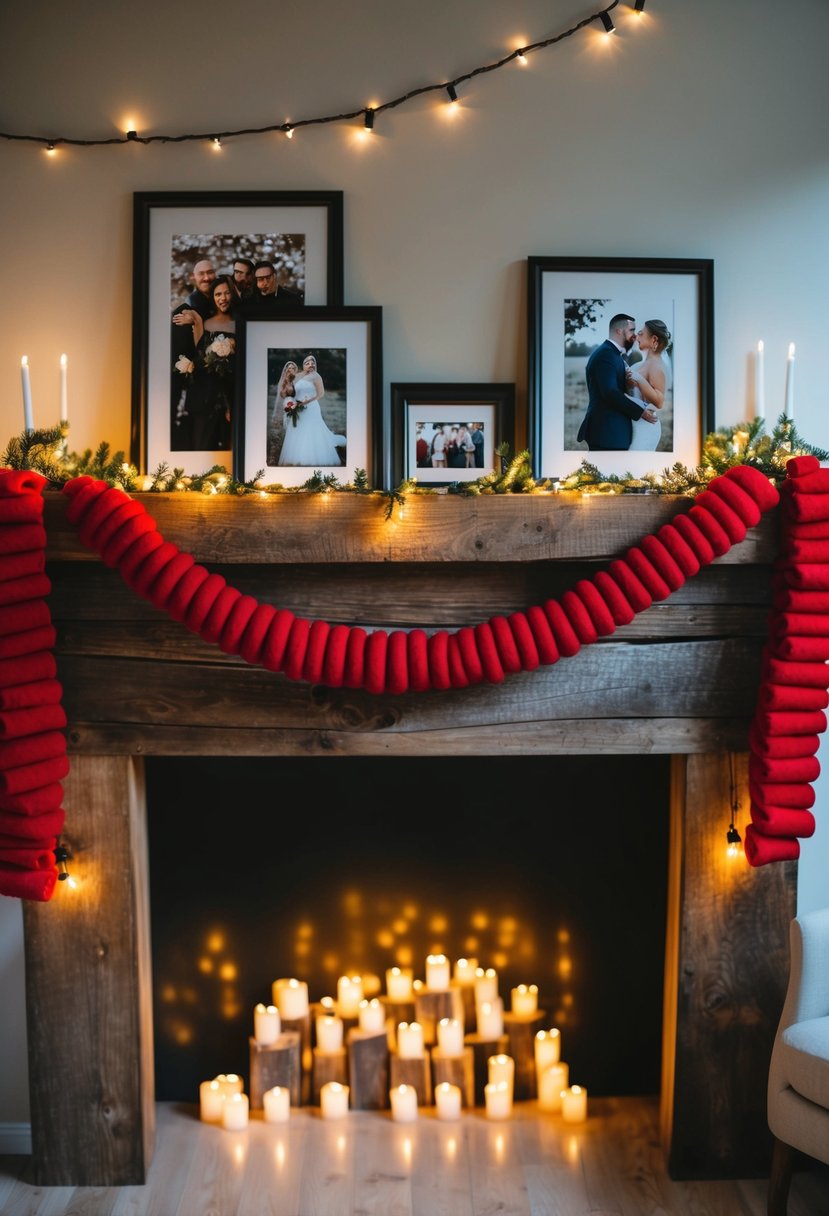 Red felt garland drapes over a rustic wooden mantel, adorned with twinkling lights and framed photos, creating a cozy and romantic atmosphere for a wedding anniversary celebration at home