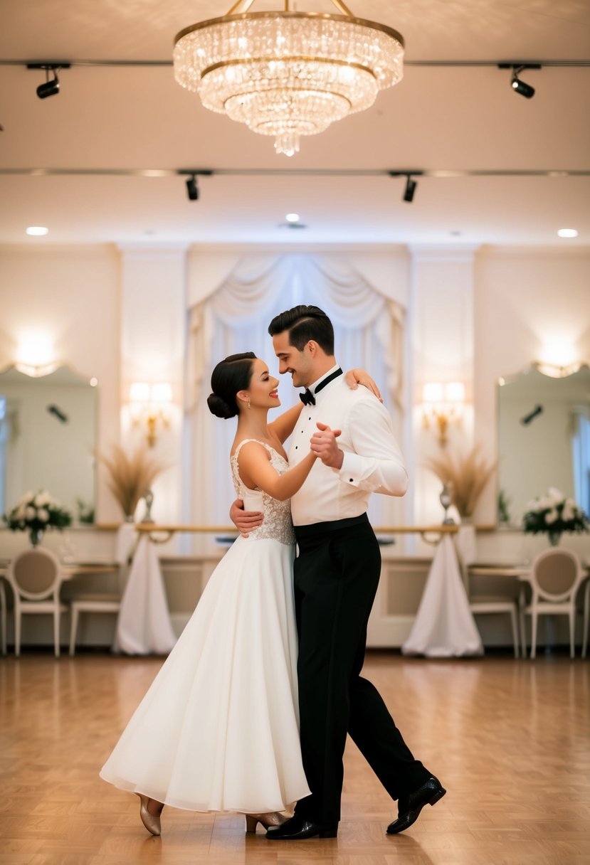 A ballroom dance studio with a couple gracefully waltzing across the floor, surrounded by elegant decor and soft lighting