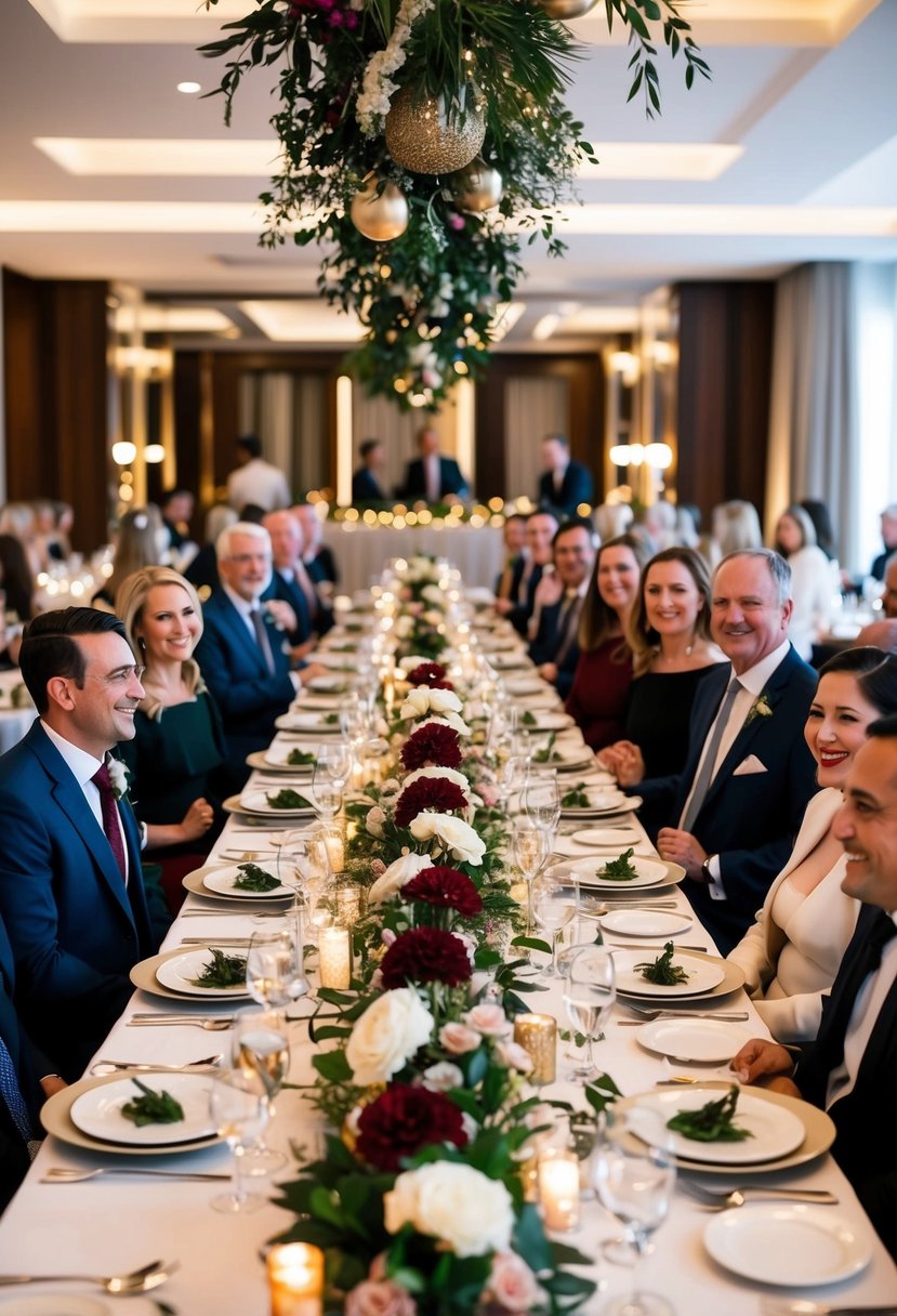 A long dining table adorned with elegant tableware and floral centerpieces. Guests dressed in formal attire, enjoying a celebratory meal surrounded by festive decorations