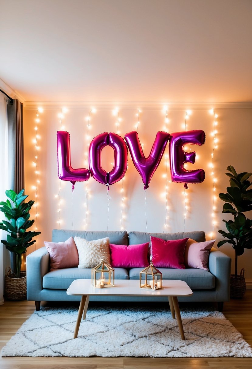 A cozy living room with balloons spelling 'Love' or 'Happy Anniversary' against a backdrop of fairy lights and romantic decor