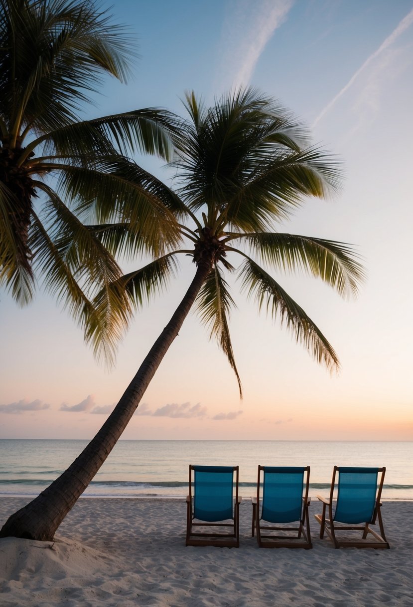 A serene beach at sunset, with palm trees swaying in the breeze and a couple of beach chairs facing the ocean