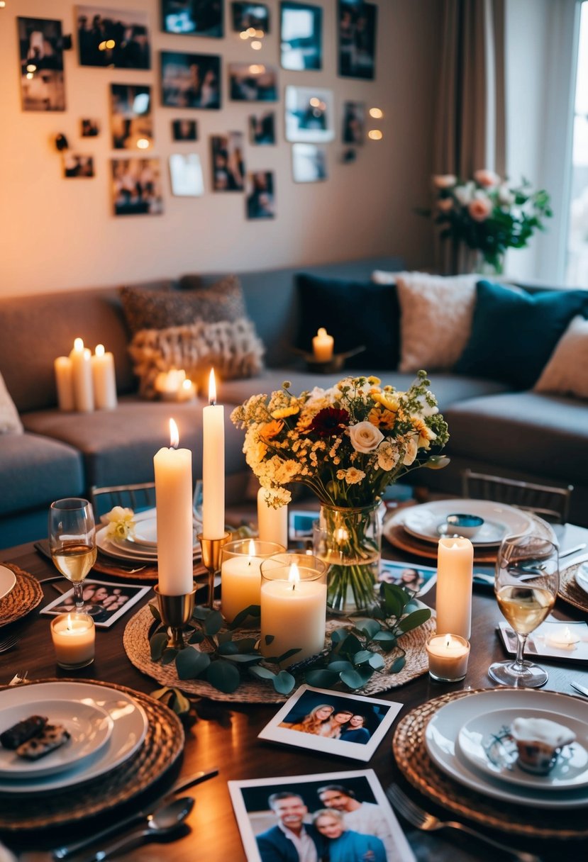 A cozy living room with candles, flowers, and a beautifully set table for two, surrounded by photos and mementos from the past six years