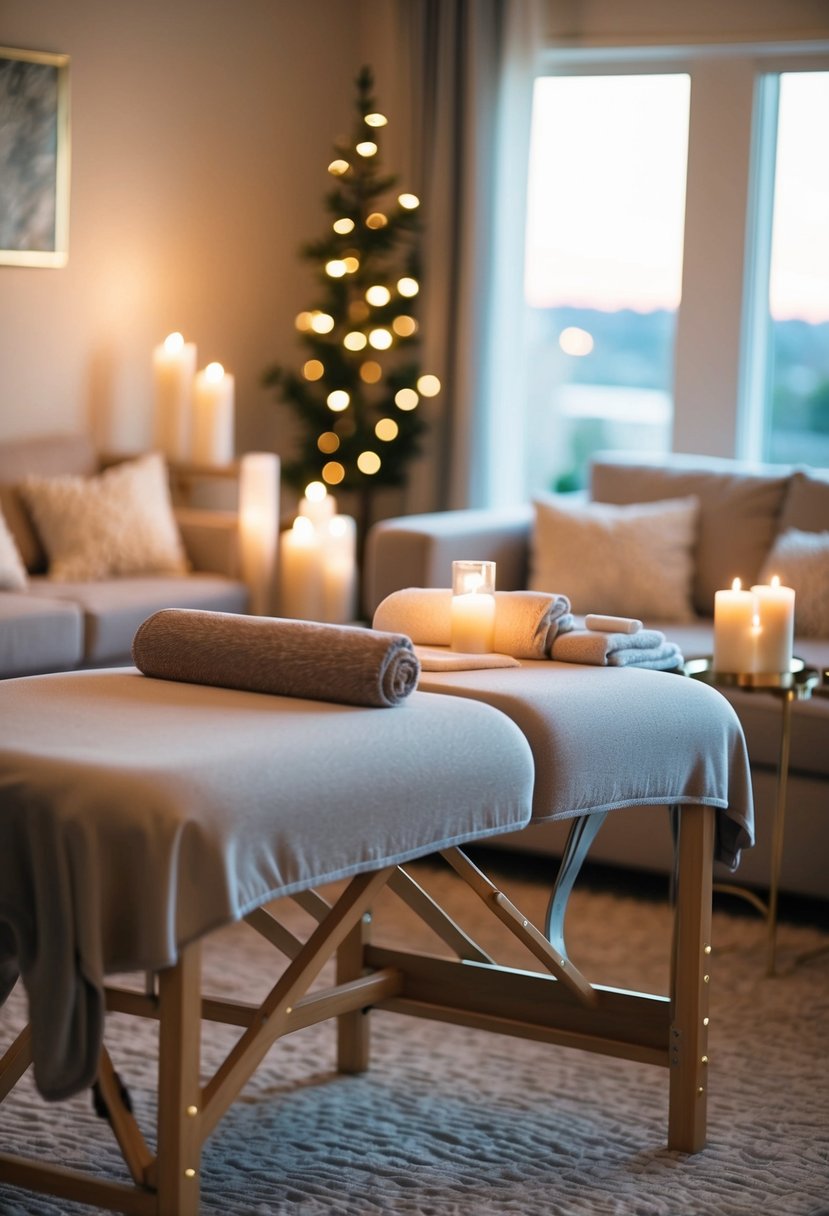 A cozy living room with candles, soft lighting, and plush robes. A massage table is set up with soothing oils and towels