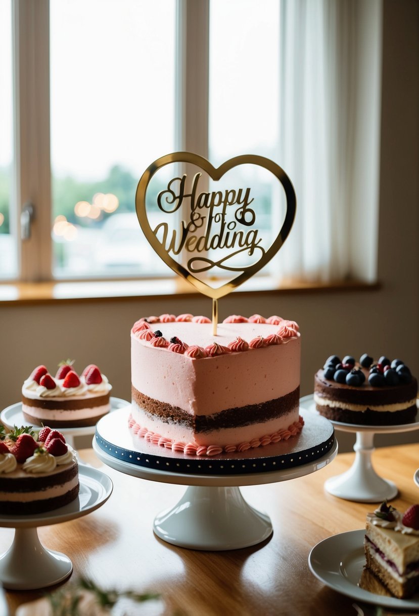 A heart-shaped cake with a mod cake topper surrounded by desserts, set up for a wedding anniversary celebration at home