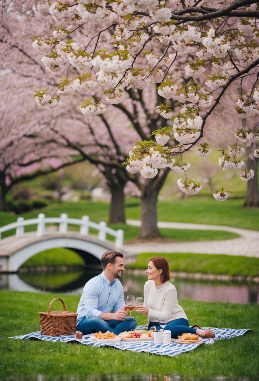 A cozy picnic under a blooming cherry blossom tree with a small bridge and a serene pond in the background