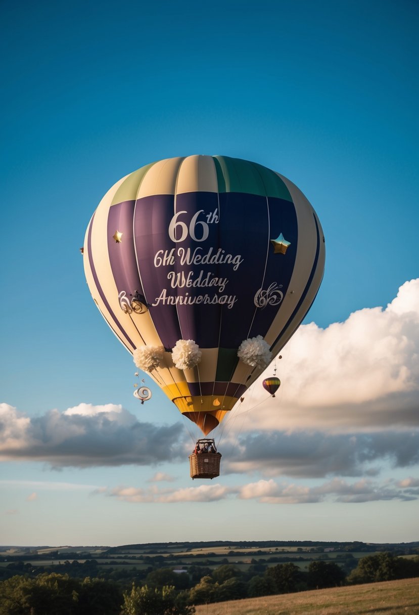 A hot air balloon floats over a scenic landscape, with a clear blue sky and fluffy white clouds. The balloon is adorned with celebratory decorations to mark a 66th wedding anniversary