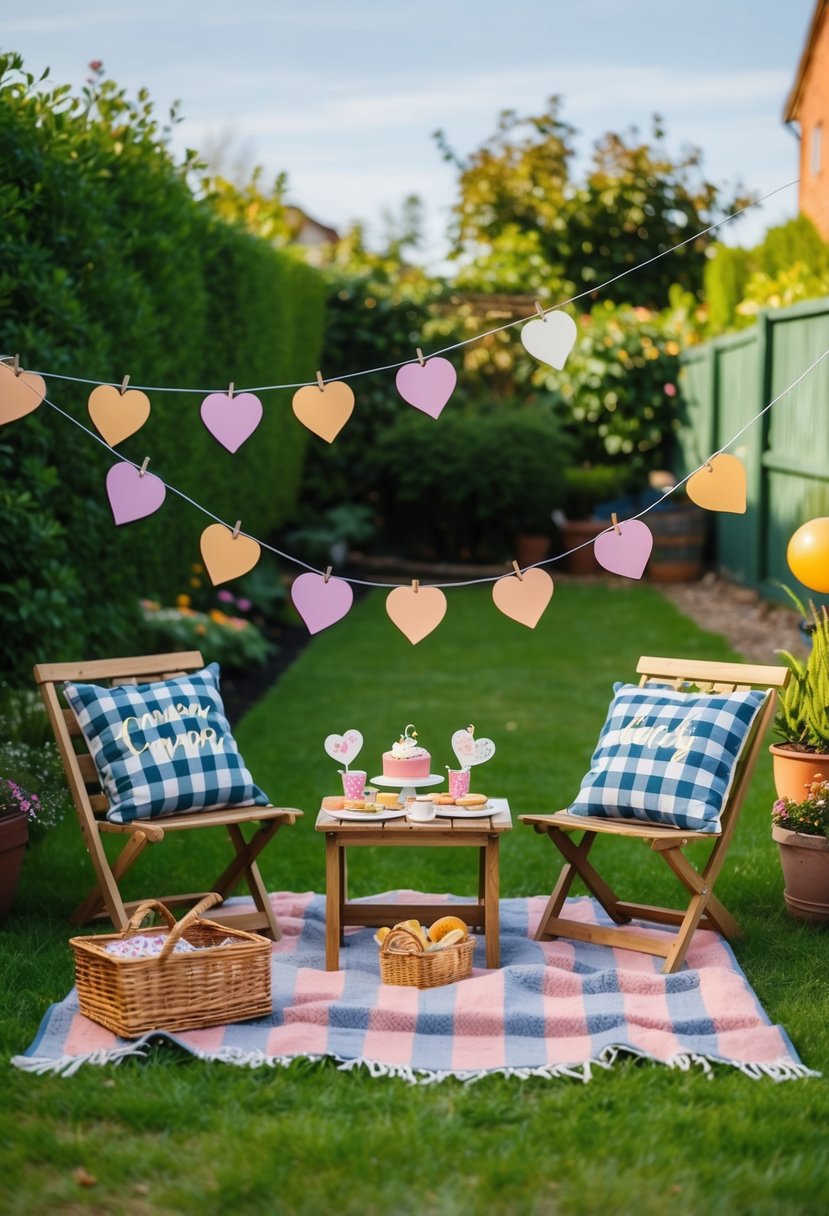 A backyard garden with hidden clues, a picnic blanket, and a small wooden table set with anniversary gifts and treats