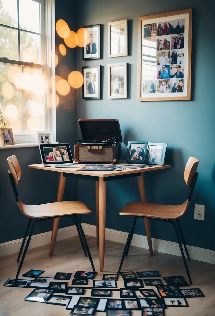 A table with two chairs, surrounded by photos and mementos from 66 years together. A record player in the corner, playing the couple's special playlist